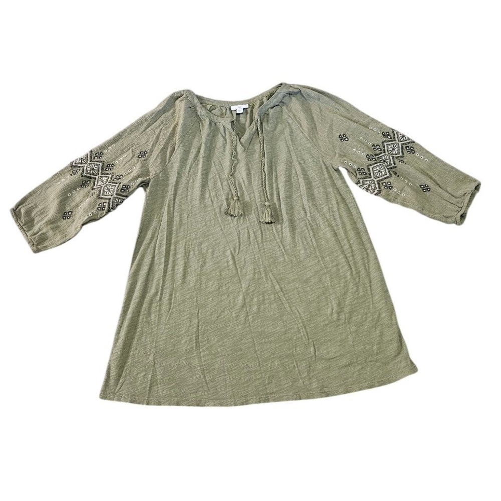 J. Jill Olive Green Embroidered Cotton Tunic Top Tassel Neck Large Shirt Boho